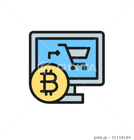 Online store with bitcoin, cryptocurrency, crypto coin flat color icon. Online store with bitcoin, cryptocurrency, crypto coin flat color icon. 55158194