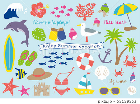 Summer Vacations 夏 ビーチ 海 イラスト セットのイラスト素材