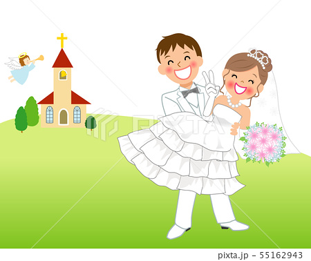 結婚式でお姫様抱っこをする新郎新婦 教会の背景のイラスト素材