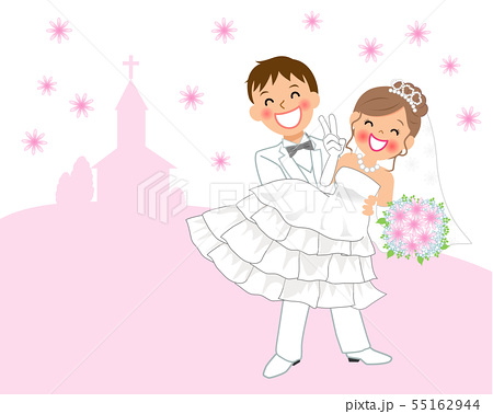 結婚式でお姫様抱っこをする新郎新婦 ピンク背景のイラスト素材
