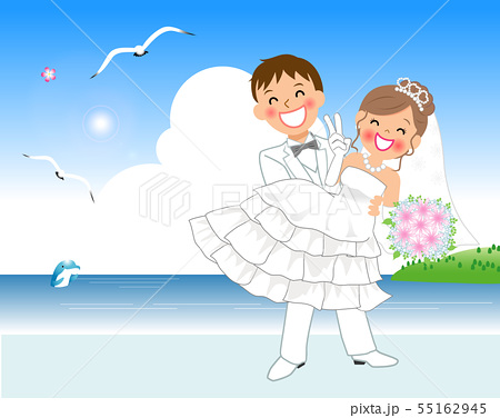 結婚式でお姫様抱っこをする新郎新婦 南の海の背景のイラスト素材