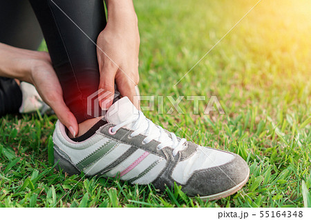Young woman asian have accident ankle twist sprain Young woman asian have accident ankle twist sprain 55164348