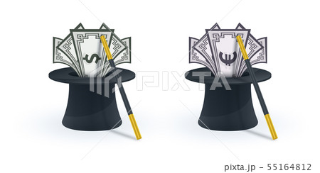 Magic hat with magic wand and banknotes Magic hat with magic wand and banknotes 55164812