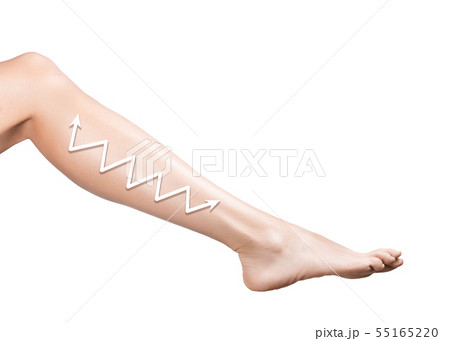 Female barefooted leg with smooth skin, isolated on white. Arrows shows base lines of massage. Female barefooted leg with smooth skin, isolated on white. Arrows shows base lines of massage. 55165220