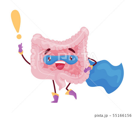 Cartoon intestine with an exclamation mark. Vector illustration on white background. 55166156