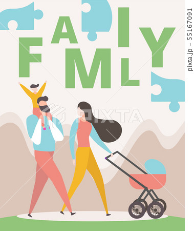 Happy Family Walking Together. Man, Woman, Kid 55167091