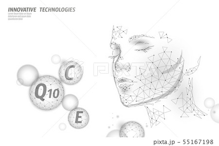 Healthy skin vitamin complex low poly sphere bubble. Health supplement female face anti-aging beauty 55167198