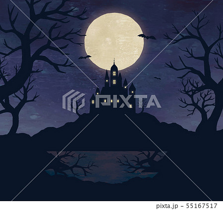 ハロウィン満月と夜の景色水彩のイラスト素材