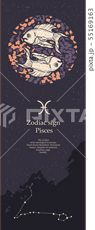 Zodiac sign Pisces. The symbol of the astrological horoscope. Hand-drawn illustration. Vertical 55169163