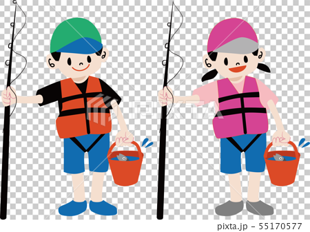 ライフジャケットを着て釣りをする子供のイラストのイラスト素材