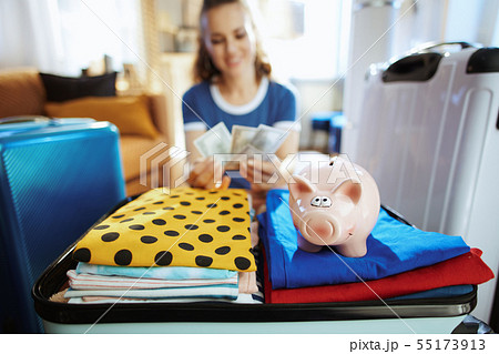 Closeup on piggybank and woman counting money in background 55173913