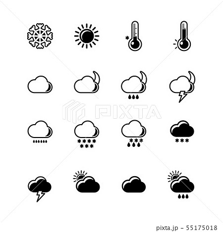 Monochrome silhouettes of weather icons set. Cloudy, sunny and rainy days. Climate visualization 55175018
