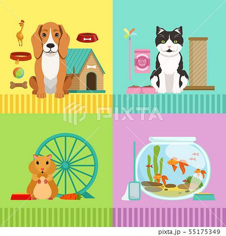 Conceptual illustrations of different pets. Dog, cat, hamster and fishes. Vet room pictures in Conceptual illustrations of different pets. Dog, cat, hamster and fishes. Vet room pictures in 55175349