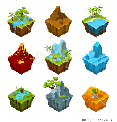 Fantasy isometric islands with vulcans, different plants and rivers. Interface elements in cartoon Fantasy isometric islands with vulcans, different plants and rivers. Interface elements in cartoon 55176131