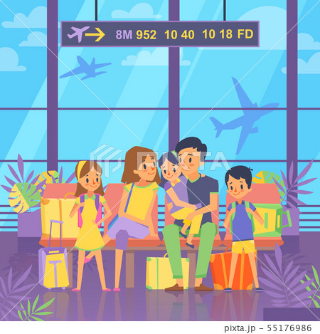 People goes to vacation. Sitting in airport terminal. Happy family couple with kids and baggage People goes to vacation. Sitting in airport terminal. Happy family couple with kids and baggage 55176986