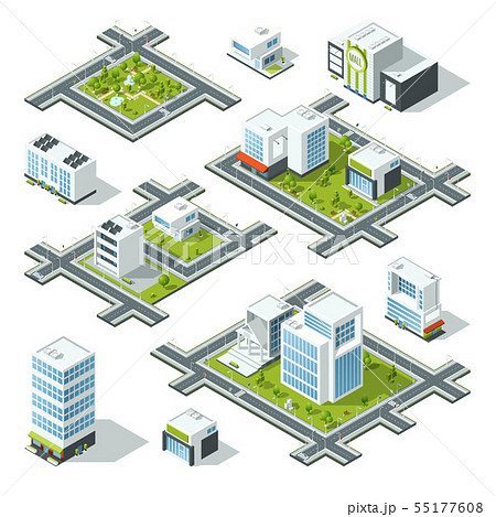 Isometric city 3d vector illustration with office buildings, skyscrapers. Trees and bushes on the 55177608