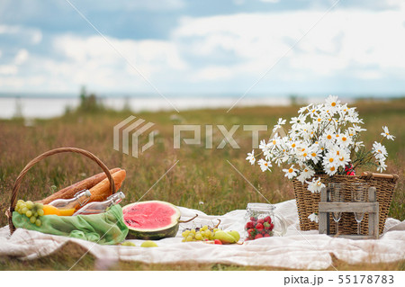 Summer picnic in the meadow on the green grass. Fruit basket, juice and bottled wine, watermelon and Summer picnic in the meadow on the green grass. Fruit basket, juice and bottled wine, watermelon and 55178783
