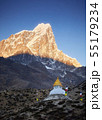 Stupa at sunrise near Dingboche village with prayer flags and mounts Kangtega and Thamserku, Nepal 55179234