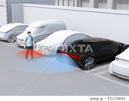 バック出庫のクルマが後ろにいる人を感知し、停車する。先進運転システムコンセプト バック出庫のクルマが後ろにいる人を感知し、停車する。先進運転システムコンセプト 55179691