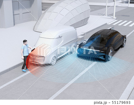 道路脇に止まっている宅配車の横から歩き出した歩行者を探知し急停車する車 自動ブレーキコンセプトのイラスト素材