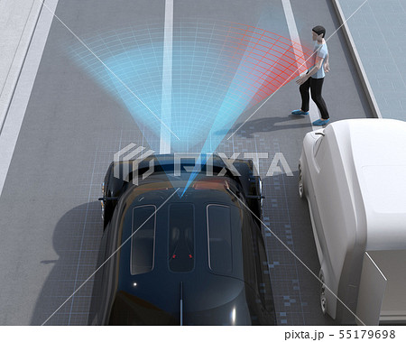 道路脇に止まっている宅配車の横から歩き出した歩行者を探知し急停車する車 自動ブレーキコンセプトのイラスト素材