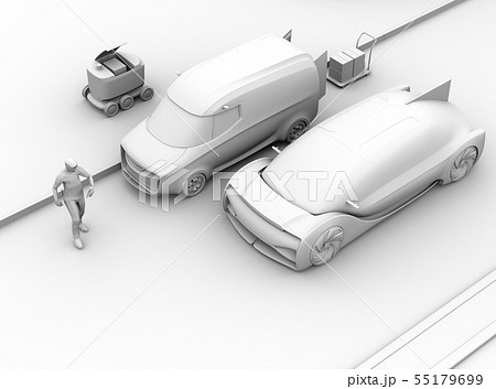 道路脇に止まっている宅配車の横から歩き出した歩行者を探知し急停車する車のクレイレンダリングイメージ 55179699