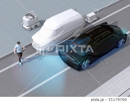 道路脇に止まっている宅配車の横から歩き出した歩行者を探知し急停車する車 自動ブレーキコンセプトのイラスト素材