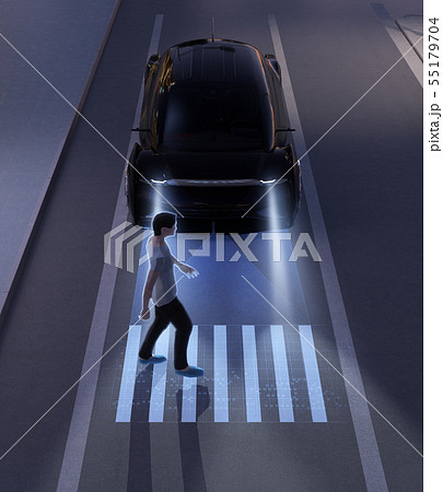 夜道路を横断する歩行者の為 クルマのライトで横断歩道を投影する スマートヘッドライトコンセプトのイラスト素材