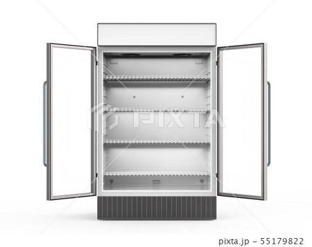empty fridge with glass doors open 55179822