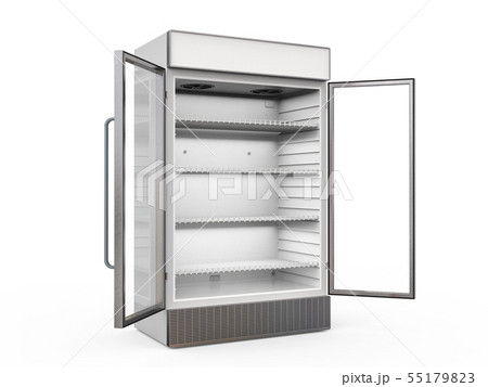 empty fridge with glass doors open 55179823