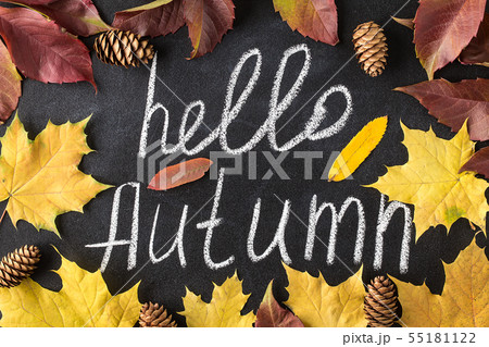 Hello Autumn white chalk lettering on blackboard 55181122