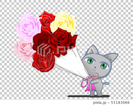 バラの花束を持っているかわいいネコですのイラスト素材