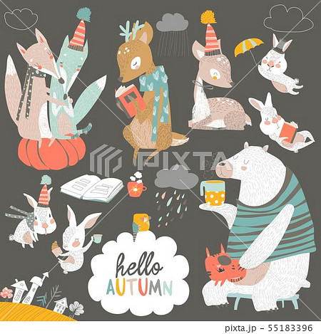 Fall set with cute forest animals in cartoon style 55183396
