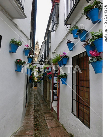 スペイン コルドバ 花の小径 路地の花飾りの写真素材