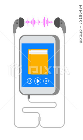 Audiobook on smartphone with earphones flat 55186494