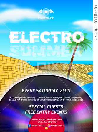 Beach party poster for clubbing dance event with 80s retro or synth wave style and palm trees 55186555
