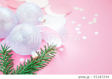 Christmas pearl decoration balls pink background Christmas pearl decoration balls pink background 55187244