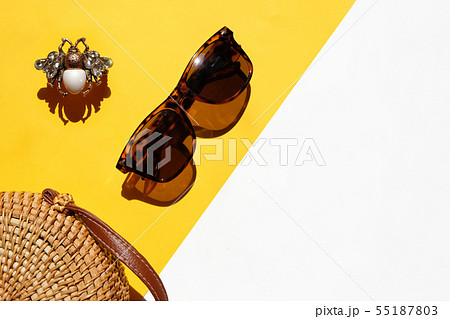 Summer flat lay summer scenery, bag, sunglasses Summer flat lay summer scenery, bag, sunglasses 55187803