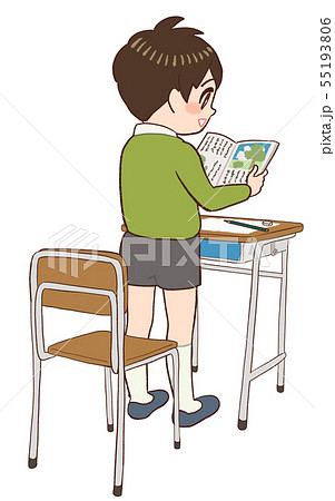 教室 机 椅子 音読する子供のイラスト素材