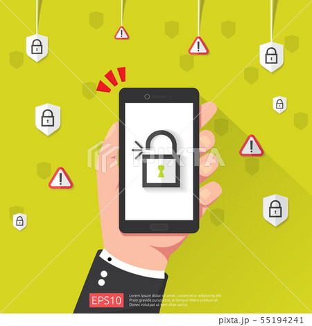 hand holding phone with open unlock padlock icon. hand holding phone with open unlock padlock icon. 55194241