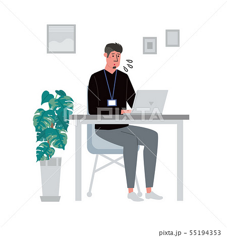 机に向かってパソコンをする男性 イラスト 焦るのイラスト素材