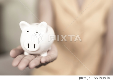 Women hand holding a pig's piggy bank. Women hand holding a pig's piggy bank. 55194910