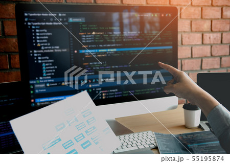 Man hands pointing coding html and programming Man hands pointing coding html and programming 55195874
