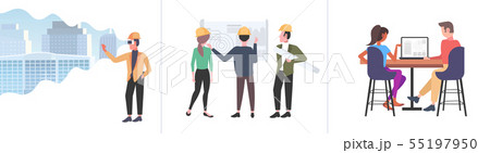 set architects working with blueprint engineers drafting new building urban panning project concepts 55197950