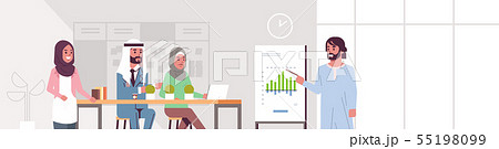 arabic businessman presenting financial graph on flip chart to arab businesspeople team at 55198099