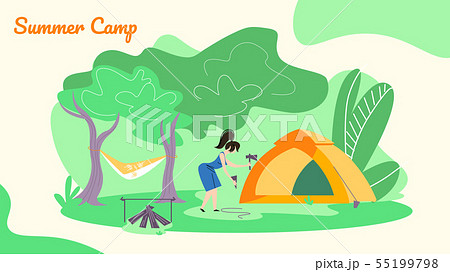 Young Woman Hummer Sticks to Ground to Set Up Tent 55199798