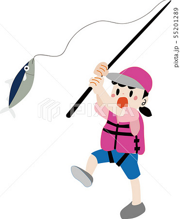 魚を釣るライフジャケットを着た女の子のイラストのイラスト素材 5512