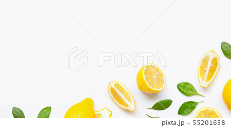 Fresh lemon and slices with leaves isolated Fresh lemon and slices with leaves isolated 55201638