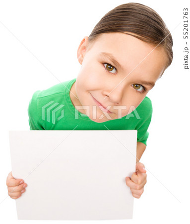 Happy little girl is holding blank board Happy little girl is holding blank board 55201763