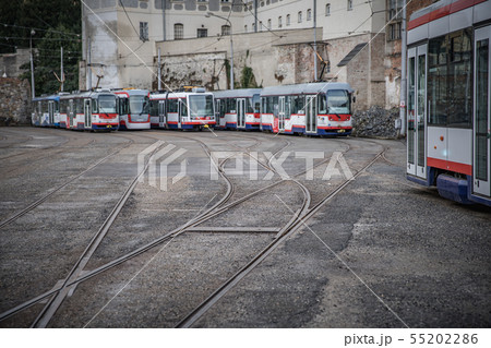 The tram depot in the city for parking and a tram 55202286